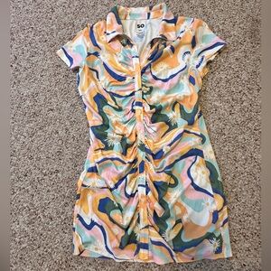 SO Multicolor Swirl Button-Up Mini Dress